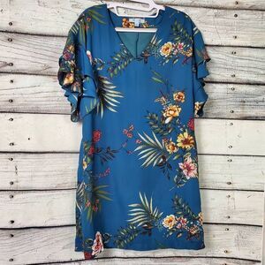 She + Sky Small Teal Floral Print Ruffle Sleeve Shift Dress